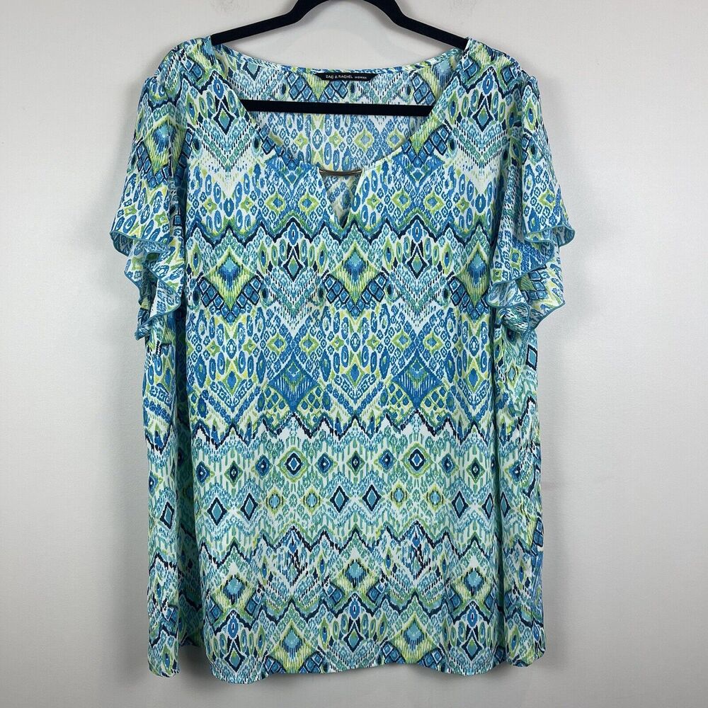 Zac & Rachel Womens Top Size 3X Blue Geo Printed Blouse‎ Boho Flowy Art Casual